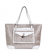 Give your party-ready ensemble extra appeal with this fun shoulder bag from Juicy Couture - Classic carryall style, top carrying handles, front zip pocket with charm detail and embossed logo, woven silver tote with contrasting white trim - Pair with a frilly party frock or wide leg trousers and a blouse and statement heels