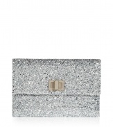 The days of disco return with this glammed-out clutch in sparkling silver - Created by London designer Anya Hindmarch out of cotton and PVC - Classic envelope shape with stylish flap and gold-colored enameled lock - An amazing piece, it looks great with a cocktail dress or a fun nightclub outfit