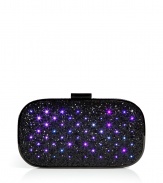 Dotted with flashing LED lights and playfully packaged like a toy, Anya Hindmarchs seasonal Marano Dancer clutch is a dazzling take on this favorite style - Press at corner to activate lights, on/off switch in battery pack concealed in inside zip pocket, comes with a replacement battery - Gunmetal-toned frame with logo clasp, black glitter, inside back wall zippered pocket, black suede interior - Pair with flirty cocktail dresses and jet black heels