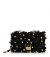 Crafted in luxe satin with tactile tinsel and fantastically fun jingle bell embellishment, Anya Hindmarchs coal clutch is a chic and characteristically quirky way to bring the texture trend into your evening look - Flap with enamel logo push-lock, removable chain detailed wrist strap, bits & bobs labeled back wall zip pocket, three front wall cards slots, black leather interior - Wear as a statement piece with simple cocktail sheaths and sleek heels