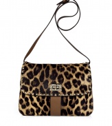 Luxurious bag of textured, brown-patterned calfskin with classic leopard print look - Classic handbag shape - Cool studded edging - Bulbous shape, flap, toggle clasp, long shoulder strap and convenient interior pockets - Try with sexy leather pants, or an elegant sheath dress