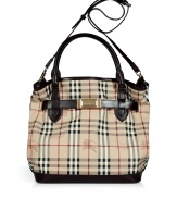 Work an iconic note into your handbag collection with Burberry Londons charactersitic checked convertible tote, perfect for stashing away work and weekend essentials alike - Logo hardware, adjustable width, removable belted shoulder strap, two internal sections, zippered middle pocket, inside zippered back wall pocket - Carry with classic, elegant, and fashion-forward looks