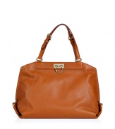 Finish you daytime look on an exquisitely elegant note with Salvatore Ferragamos super soft hazelnut leather handbag - Top hinged logo closure, zippered back slit pocket, belted double top handles, inside zippered back wall pocket, three front wall slit pockets - Team with ladylike looks for work, or carry as a companion for chic weekend getaways