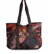 Unleash your urban traveler with Antik Batiks embellished tote, detailed with sequined patchworking for that cool global feel - Chocolate leather trim, multicolored metal set stone embellished front, allover metallic sequin and bead embroidery, magnetic top snap, woven leather handles, inside zippered back wall pocket, two front wall slot pockets, leather bottom - Team with floral hippie dresses and boots, or with cool layered separates and colorful chunky jewelry