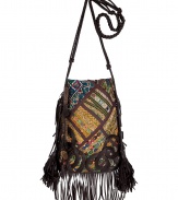 Unleash your urban traveler with Antik Batiks leather fringed bag, detailed with bright patchworking for that cool global feel - Chocolate leather appliqu?, fringed trim, woven shoulder strap, metal bead and coin embellished tassels, hidden magnetic top snap, inside zippered back wall pocket - Team with floral hippie dresses and boots, or with cool layered separates and colorful chunky jewelry