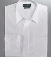 Crafted in non-iron fabric and cut with a modern fit, this updated white dress shirt from Lauren by Ralph Lauren offers a solid foundation for any guy's tailored wardrobe.