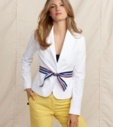 Rendered in eyelet cotton with a festive grosgrain ribbon belt, this Tommy Hilfiger blazer exemplifies preppy cool. Pair it with colored pants for the chicest look of the season!