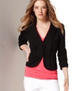 INC's petite jacket has a flattering cropped fit and ruched three-quarter sleeves--a totally feminine, figure-highlighting spin on the traditional blazer.