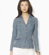 Lauren Jeans Co.'s blazer is flawlessly designed in a feminine, tailored silhouette from soft, faded and heavily distressed denim to create a beautiful vintage look with contemporary polish