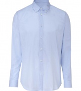 Stylish button down shirt in ultra-fine, pale blue cotton - Discreetly chic plaid pattern - Modern, slimmer cut - Small collar and button cuffs - Elegant crease detail at sleeves - A polished classic ideal for both work and play - Pair with jeans, chinos or a suit