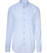 Stylish button down in fine, cotton stretch blend - Classically elegant in pale blue with a pin stripe motif - Two back darts accentuate a sleeker, slim silhouette - Small collar and chest pocket - Polished and versatile, easily dressed up or down - Pair with suit trousers and a pullover, chinos or slim jeans and a blazer