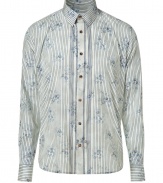 Bring luxe style to your workweek look with this striped button down from Ermanno Scervino - Spread collar, front button placket, all-over stripe pattern with floral accents, curved hem, slim fit - Style with trousers, a blazer, and oxfords