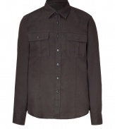 Stylish shirt in fine, pure dark brown linen - Soft yet durable, summer weight fabric - Small collar, full button placket and two flap pockets at chest - Rounded hem hangs slightly longer in the back - Casually elegant and ultra-versatile - Pair with suit trousers, chinos, shorts or jeans