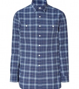 Bring classic preppy-cool style to your look with this plaid button down from Polo Ralph Lauren - Small spread collar, front button placket, two patch pockets with buttons, slim fit - Pair with jeans, loafers, and a cashmere cardigan