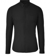 Sleek and streamlined, Belstaffs black cotton polin shirt is a modern must in any wardrobe - New slim cut fits snugly and tapers gently through waist - Covered full button placket and chest pocket - Small collar and long, cuffed sleeves - Pleat detail at back - Wear solo or beneath a blazer or leather jacket and pair with dress trousers, dark denim or chinos