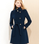 Luxe goldtone buttons highlight the tailored, asymmetrical style of Tahari's wool-blend coat. The belt is a waist-defining detail that beautifully cinches the silhouette.