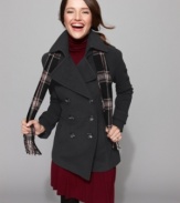 Get a polished look this fall with a perfectly-matched pea coat and scarf combo from London Fog.