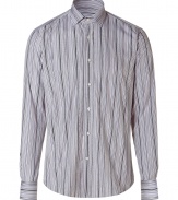 Stripes, stripes, stripes - a very special shirt - Long sleeve dress shirt from the Italian status tailor Etro - Made of cotton with an attractive stripe pattern in various shades of grey and white - Modern slim cut and fitted - Very elegant with no breast pocket - Collar with stays -  Looks especially nice with jeans or light dress pants - Can be worn also with a suit and tie - Perfect for leisure or the office