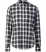 Stylish black and ivory plaid shirt from Vince - Channel the look of the moment in this plaid cotton button-down - Modern slim fit with a trendy small collar - Pair with straight leg jeans, a cardigan, and boots - Try with corduroys and desert boots