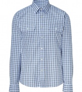 Stylish shirt in fine, pure blue and brown cotton - Soft yet durable, densely woven fabric with gingham check motif - Small collar, full button placket and two flap pockets at chest - Rounded hem hangs slightly longer in the back - Slim, straight cut - Casually elegant and ultra-versatile - Pair with suit trousers, chinos or jeans