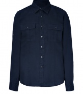 Stylish shirt in fine, pure navy blue linen - Soft yet durable, summer weight fabric - Small collar, full button placket and two flap pockets at chest - Rounded hem hangs slightly longer in the back - Casually elegant and ultra-versatile - Pair with suit trousers, chinos, shorts or jeans