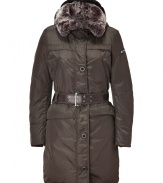 Stay warm and stylish in this ultra-luxe down coat from Peuterey - Hooded, large fur collar, concealed front zip closure with front button placket, long sleeves, belted waist, slim fit, thigh length, water repellent coating - Wear with a cashmere pullover, skinny jeans, and shearling-lined boots