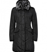 Warm and fashionable, this down coat from Peuterey is a must for chic winter days - Water-repellent, narrow-waisted, flap pockets, concealed front zip and button closures, rabbit fur trimmed collar - Classic tailored fit - Team with chic cashmere accessories and contemporary weather boots