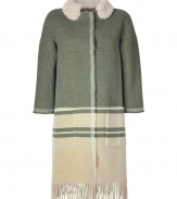 Exquisitely detailed with a finish of chic textural fringe, Ermanno Scervinos two-tone wool twill coat is an ultra luxe take on contemporary outerwear - Textural knit spread peter pan collar, 3/4 sleeves, hidden snapped front, patch pockets, unlined - Tailored straight fit - Team with slim cut trousers and flawless leather boots