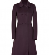 With its flawless design and elegant double-breasted covered-buttoned front, Salvatore Ferragamos wool-cashmere coat is a luxurious choice for multi-season sophistication - Spread collar, double-breasted buttoned front, long sleeves, side slit pockets, pleated from the waist with vented slit seam detailing, lined sleeves - Tailored fit on top, flared from the waist - Team with slick boots and a dusting of sparkly accessories