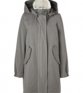 Inject a chic utilitarian edge into your outerwear wardrobe with Closeds washed grey weighty cotton parka, complete with luxe shearling trim for that effortless cool, classic look - Stand-up collar, cream shearling trim, removable hood, long sleeves, buttoned elasticized cuffs, button-down front,  snapped flap pockets, quilted lining - Classic straight fit - Wear with rugged winter boots and chic cashmere knit caps