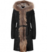 Ultra luxurious and equally cozy, Parajumpers fur trimmed shearling coat is a smart investment for multi-season sporty sophistication - Raccoon trimmed hood with rabbit fur lining, long sleeves, shoulder logo patch, hidden front closures, oversized snapped pockets, self-tie sash, belt loops, zippered side slits at hemline - Feminine tailored fit falls to the thigh - Team with skinnies and chic winter boots