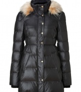 Feminine with a fitted waistline, Juicy Coutures puffy coat is a chic and cozy take on cool winter-wear - Faux-fur trimmed hood, stand-up collar, long sleeves, elasticized cuffs, snapped front panel with hidden zip, side slit pockets - Fitted - Team with bright knit hats and shearling lined boots