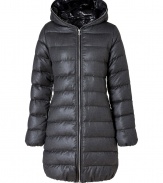 Sporty and sleek, this slim down coat from Duvetica is a cold weather must-have - Hood with decorative zipper trim, dual-zip front closure, long sleeves, gathered cuffs and hemline, zip pockets, quilted - Slim fit - Wear with a cashmere pullover, leather leggings or skinny jeans, and ankle booties