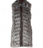 Inject a dramatic edge into your chic outerwear collection with Rachel Zoes ultra glam faux fur vest - Oversized spread collar, front zip, chocolate trim and collar lining - Long lean silhouette - Wear over luxe knits and trend favorite leather leggings