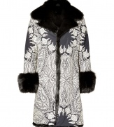 Ladylike style goes luxe with this psychedelic-inspired printed coat from Etro boasting a sumptuous fox fur lining - Large fur collar, long sleeves with fur cuffs, concealed front placket with fur trim, all-over print - Straight tailored fit - Pair with a slinky cocktail sheath, classic black strappy heels, and simple clutch