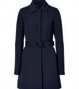 Streamlined and incredibly chic, this impeccable wool coat from Jil Sander Navy injects polish to your new season style - Spread collar, long sleeves, concealed front snaps, figure-enhancing seaming details at bust, detachable belt, back kick pleat - Tailored slim fit - Wear with cropped trousers, a cashmere pullover, ankle booties, and a satchel