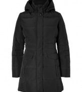 Stylish and sporty, Woolrichs quilted Trenton down coat is a must for cool weather looks - Stand-up collar, removable hood, long sleeves, fitted ribbed knit cuffs, hidden two-way front zip and snapped panel, snapped flap pockets, quilted - Softly tailored fit - A versatile, classic coat perfect for both city streets and country slopes