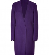 Understated, elegant, and exquisitely luxurious, Akris purple heather cashmere coat is an immaculate choice guaranteed to take you through the seasons in sophisticated style - Wrapped V-neckline, long sleeves, hidden snap and button closures, front slit pockets - Easy straight silhouette - Team with tailored separates and chunky statement jewelry