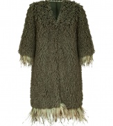 Make a dramatic debut into the next season with Anna Suis ultra soft textural faux fur coat, detailed with tonal feathery trim for ultra modern results guaranteed to make an impact - V-neckline, 3/4 sleeves, hidden front hooks, side slit pockets - Relaxed fit - Perfect for pairing with statement leather belts