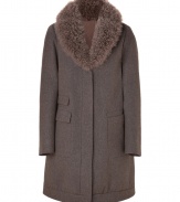 Understated and elegant in a contemporary shade of taupe heather, Brunello Cucinellis fur collar coat is an ultra luxurious approach to outerwear - Removable tonal cashmere goat fur collar, long sleeves, flap and slit pockets, hidden snaps and front zip, softly gathered hemline - Easy straight fit - Wear with streamlined leather accessories and chic ankle boots