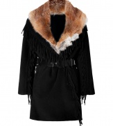 Ultra glamorous with its luxurious fox fur collar, Ermanno Scervinos dramatic fringed coat guarantees a statement finish to cool weather looks - Oversized tonal red fox fur collar, long sleeves, hidden front snaps, side slit pockets, belted waistline with tonal leather accents, allover fringed trim - Tailored fit - Wear with streamlined accessories and matching black leather handbags