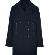 Classic in navy wool twill with sleek black leather-like trim, Vanessa Brunos double-breasted coat counts as a must for timeless-modern looks - Notched collar with buttoned latch, long sleeves, black trimmed zippered front slit pockets, woven-effect double-breasted button closures, side slit pockets, lined sleeves - Straight silhouette - Wear with everything from jeans and ballerinas to leather leggings and statement booties