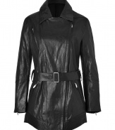 Luxe in leather with cool micro quilting and a longer length, Theyskens Theorys jet black coat counts as a must for urbane looks - Notched collar with off-center zipper, long sleeves, zippered cuffs with leather insert, zippered slash pockets, quilted side detail, belted waistline, belt loops, micro quilted hemline - Fitted - Wear over everything from tees and jeans to micro minis and heels