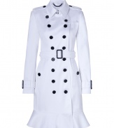 With heritage detailing and a flattering feminine ruffle around the hemline, this bright white trench coat from Burberry London counts as an iconic, multi-season investment - Classic collar with belted latch and hook closure, set-in long sleeves with belted cuffs, epaulettes, gun flap, double-breasted button-down front, belted waist - Fitted silhouette - Pair with slim trousers or jeans and a silk blouse