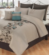 Elegant simplicity. This Ophillia comforter set renders a serene appeal in the bedroom with rich solids and a stenciled floral pattern with pops of turquoise for a dash of artistic style. Comes complete with bedskirt, shams and two decorative pillows for the full look.