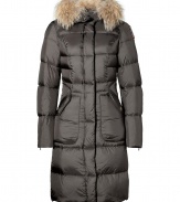 A chic take on the classic down coat, this shimmering version from Parajumpers brings contemporary style to your cool weather look - Fur-lined hood, stand collar, front zip closure, long sleeves with zip cuffs, snapped patch pockets, elasticized sash at back, quilted - Fitted silhouette - Style with skinny jeans, an oversized cashmere sweater, and over-the-knee boots