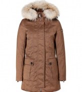 Your cold weather look just got more stylish with this luxe fitted down parka from Peuterey - Hood with raccoon fur trim, concealed zipper closure, long sleeves with zip cuffs logo detail, cargo pockets and slit pockets, water repellent - Slim fit - Wear with an elevated jeans-and-tee ensemble or a workweek-chic look