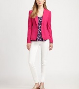 Let there be bright this season. This brilliant blazer will add a pop of color to any wardrobe.Notched collarSingle button closurePrincess seamsWelt pocketsBack ventFully linedAbout 23 from shoulder to hem71% polyester/27% rayon/2% spandexDry cleanImported Model shown is 5'10(177cm) wearing US size Small. 