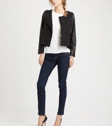 EXCLUSIVELY AT SAKS. A chic jacket that will never go out of style-- this wardrobe staple has leather trim and epaulets that evoke a military feel. RoundneckLeather epauletsLong leather sleevesAsymmetrical button frontBack ventAbout 22 from shoulder to hemBody: 65% rayon/20% polyester/15% spandexTrim: LeatherDry clean with leather specialistImportedModel shown is 5'9 (176cm) wearing US size Small.