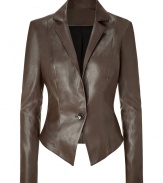 Luxe jacket in supple, brown-green stretch leather - A sleek, sophisticated standout from French luxury label Jitrois - Slim, ultra-fitted style tapers at waist - Medium-sized collar and lapels - Flattering darts at bust and elegant, single-button closure - Asymmetric hem, jacket is cut shorter in the back - Polished and sexy, a feminine take on masculine tailoring - Pair with a pencil skirt, button down blouse and pumps by day, and wear with slim trousers, a silk tank and ankle booties at night